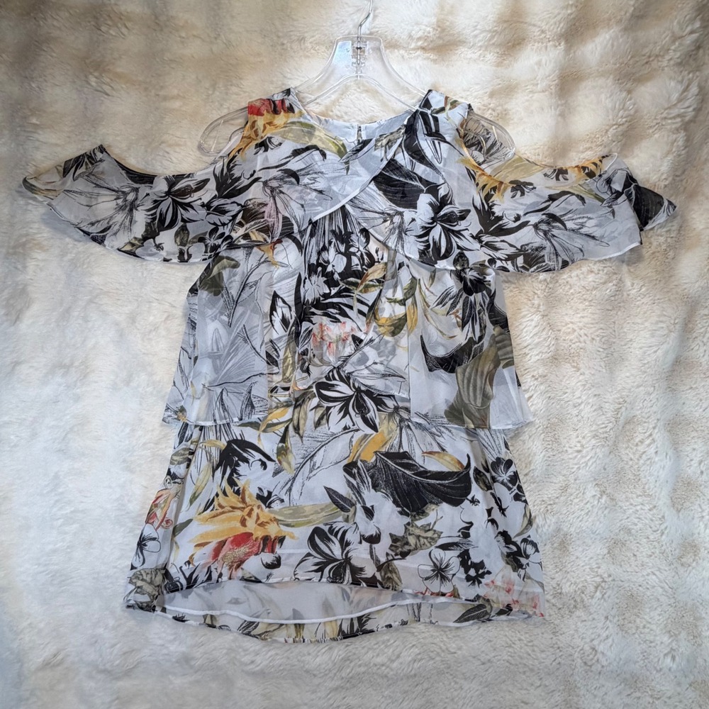 White House Black Market Floral Cold Shoulder Tiered‎ Blouse Small White Black